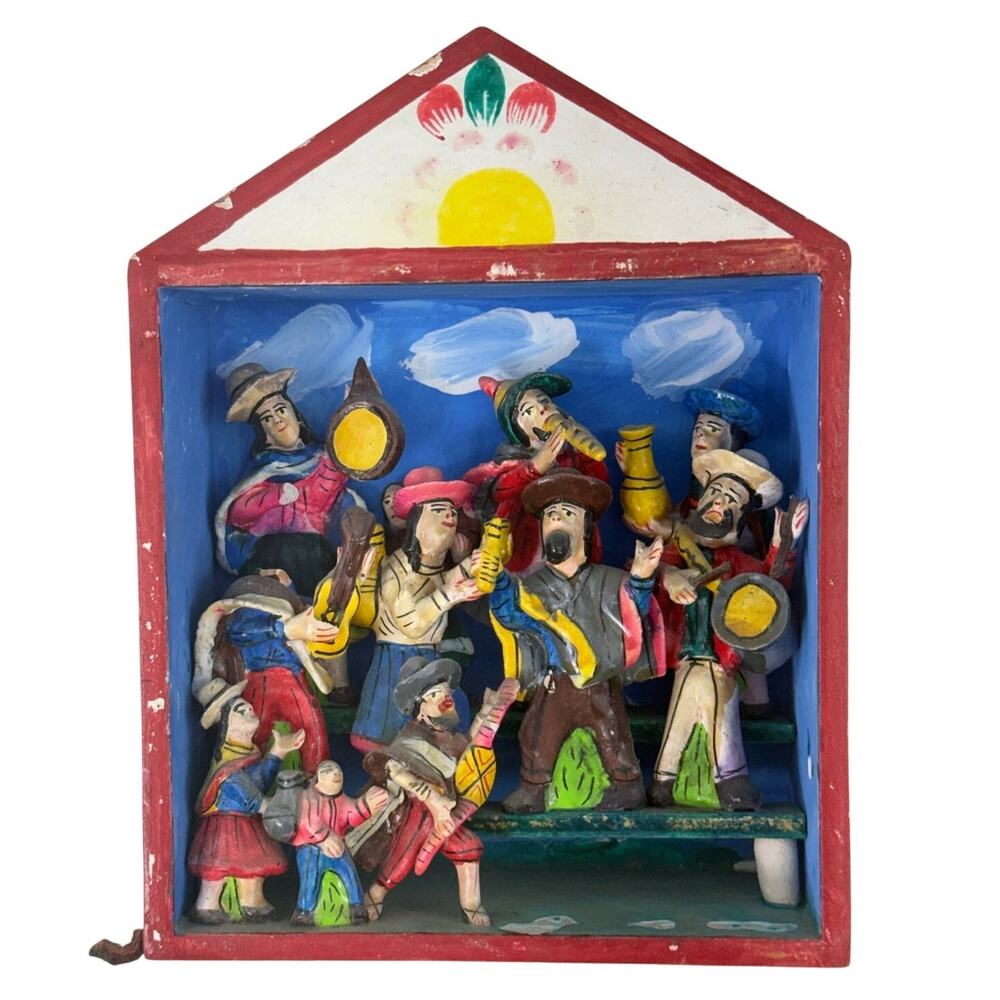 Vintage Peruvian Retablo Band Scene Hand Painted Folk Art Diorama Cabinet